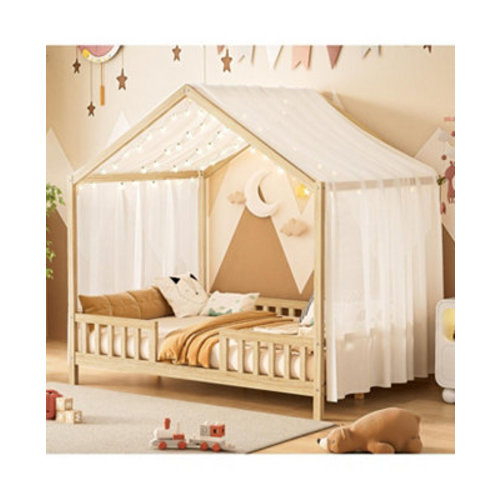 Montessori Floor Bed with Canopy, Full Size House Shape Toddler Bed Frame