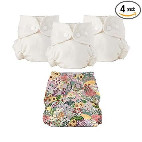 Esembly Cloth Diaper Bundle Set - 3 Organic Cotton Absorbent Inners and 1 Waterproof Outer Diaper Cover - Reusable, Washable, Snap Closure Cloth Diapers - Size 1 (7-17lbs), Botanic Gardens