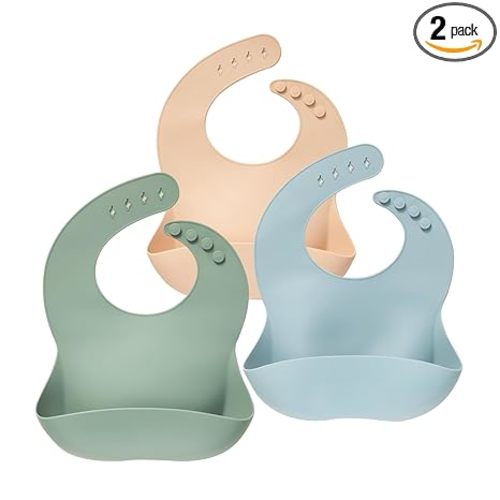 Moonkie Silicone Baby Bibs Set of 3, BPA Free Waterproof Baby Bibs for Eating, Soft Adjustable Silicone Bibs for Babies 6-12 Months, Toddler Bibs with Large Pocket Food Catcher (Ether/Sage/Cream)