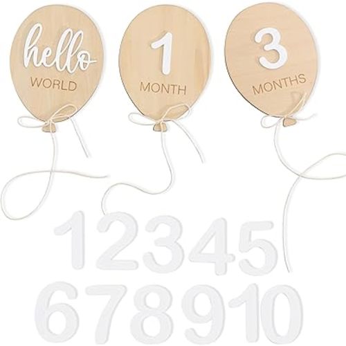 Balloon First Year Milestone Wooden Board - Newborn Monthly Growth Announcement Sign,Monthly Milestone Card Photo Props,1 to 12 Months Balloon Shape Cards,One Year Growth Record Board