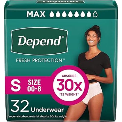 Depend Fresh Protection Adult Diapers, Incontinence & Postpartum Bladder Leak Underwear for Women, Disposable, Maximum, Small, Blush, 32 Count, Packaging May Vary