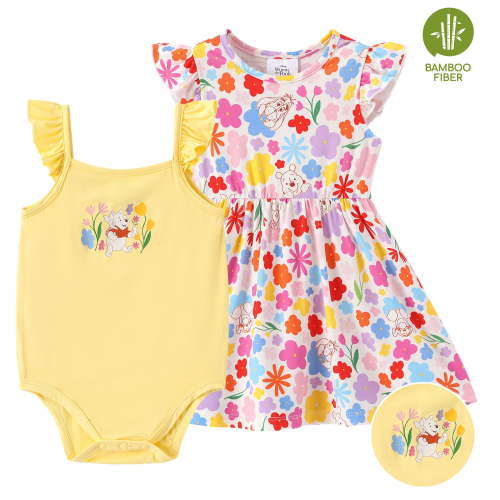 Disney Winnie the Pooh Baby Girls Clothes Bamboo Viscose Floral Dress and Graphic Bodysuit 2 Pack Outfit Shower Gift Newborn 0-3 Months