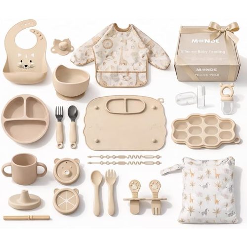 MONDE 25PCS Ultimate Silicone Baby Feeding Set, Complete Mealtime Baby-Led Weaning Essentials From Infant To Toddler, Bib, Smock, Sippy Cup, Dry Wet Bag, Placemat, Perfect Premium Gift Set (Beige)