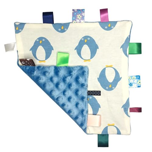 Lovey Baby Soft Plush Taggy Blanket - Minky Dot Comfort Appese Towel, Penguin Pattern, Newborn Toddler Gift, 9 x 9 inches - Blue