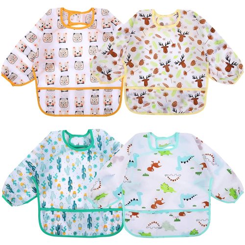 Accmor 4 Pack Long Sleeve Bibs, Baby Smock Waterproof Sleeved Bib Smock for Baby Toddler 6-36 Months