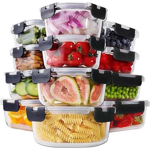 HOMBERKING 24pc Borosilicate Glass Food Storage Containers with Lids, Glass Meal Prep Containers with Leak Proof Snap Lock, Airtight Bento Lunch Boxes, Kitchen Storage (12 lids & 12 Containers)-Black