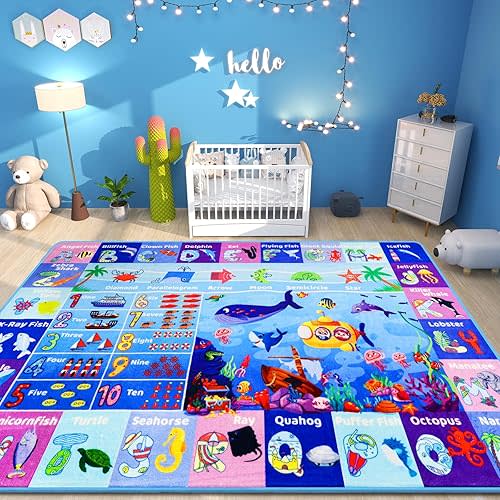 ABC Kids Rug for Playroom 59"×39.4" Ocean Rug Baby Play Mat Alphabet Carpet Sea Animal Number Shape Classroom Kids Playroom Mat Early Learning Carpet for Preschool Toddlers