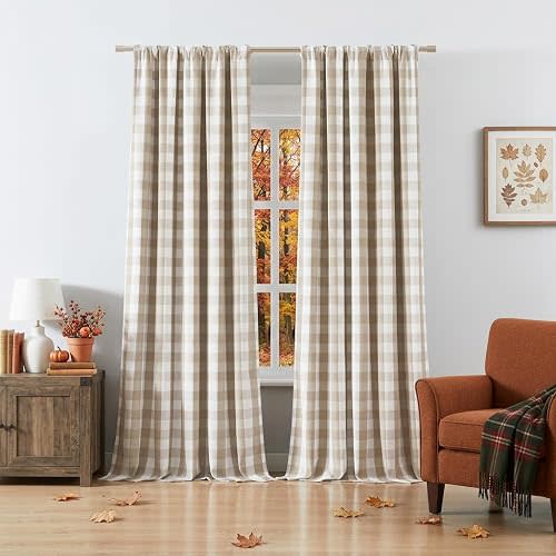 Beige White Buffalo Plaid Blackout Curtains 84 Inch for Bedroom