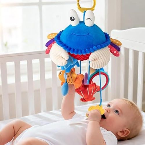 Car Seat Toys for Babies 0-6 Months, Hanging Sensory Crab Plush Toy for Stroller, Crib & Play Gym, Clip-On Montessori Infant Activity Toy with Mirror, Rattle & Teether, Newborn Baby Gifts 0-12 Months