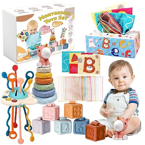 FEBALHS Montessori Baby Toys for 6+ Month Old, 4 in 1 Toys with Baby Stacking Toys, Sensory Toys, Pull String Toys for Boy Girl Infant Toddler Gifts
