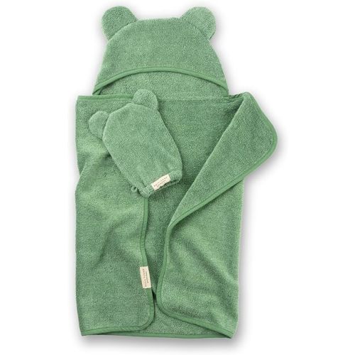 Bella Tunno Baby Bath Towel and Wash Mitt Set – Soft Absorbent Hooded Towels and Mitt-Style Baby Washcloths, Oeko-TEX Certified (Sea Foam)