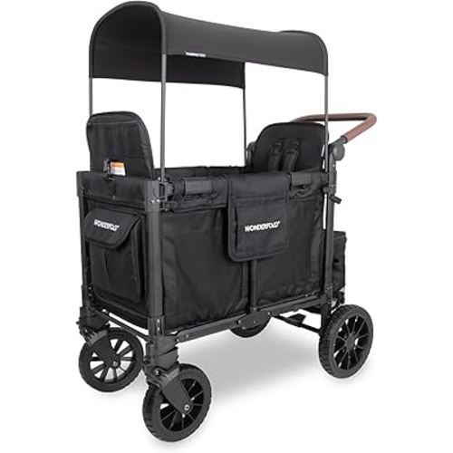 WONDERFOLD W2 Luxe Pro Stroller Wagon (2 Seater) - Collapsible Wagon Stroller with Seats Featuring 5-Point Safety Harnesses and Adjustable Sun Canopy, Jet Black