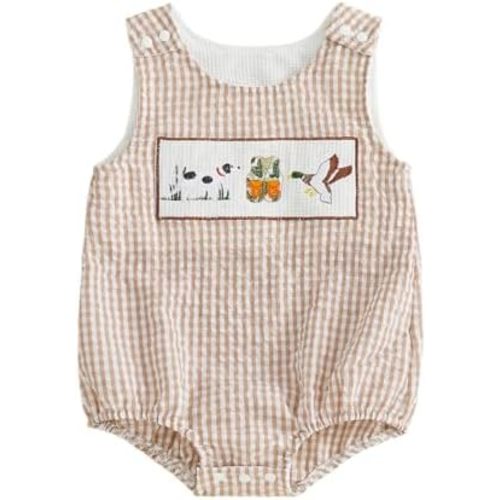 Baby Boy Summer Clothes Sleeveless Embroidery Fishing Gingham Romper Jumpsuit Retro Smocked Shortall