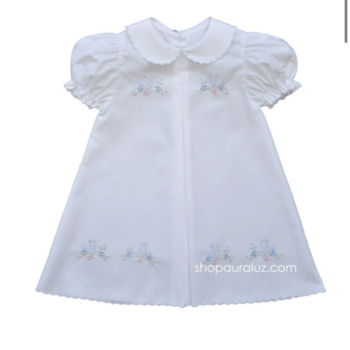 Auraluz Baby Dress...White with blue scallop trim and embroidered bird – AURALUZ