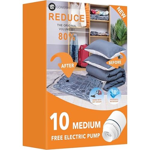 GONGSHI Vacuum Seal Bags for Clothing Travel & Home Storage, Travel Vacuum Bags with Electric Pump,Space Saver for Blankets, Comforters, Pillows, Clothes,10 Medium