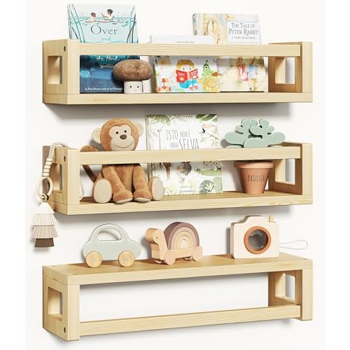 TidyCorner Upgraded Thick Floating Shelves - Multi-Use Wall-Mounted Bookshelves for Kids and Nursery, Ideal for Books, Toys, Spice Rack, Decor - NaturalWood