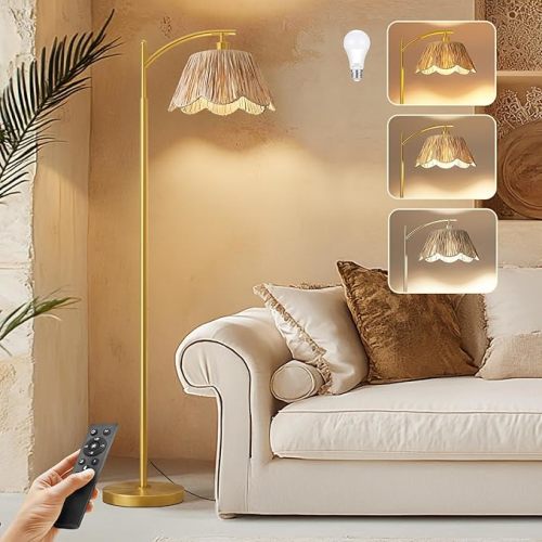 Oneach Arc Floor Lamp for Living Room,Rattan Boho Floor Lamp with Hand-Woven Shade, Foot Switch,Gold Metal Base & Pole,Farmhouse Standing Lamp for Bedroom Corner, Nuresry