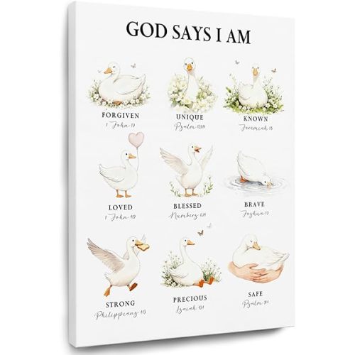 TAZSWDMM Christian Goose Nursery Framed Canvas Wall Art Posters, Bible Verse Decor, God Says I Am Scripture Wall Art Prints for Kids Room Playroom Home Church Nursery Decor, 11x14 Inch