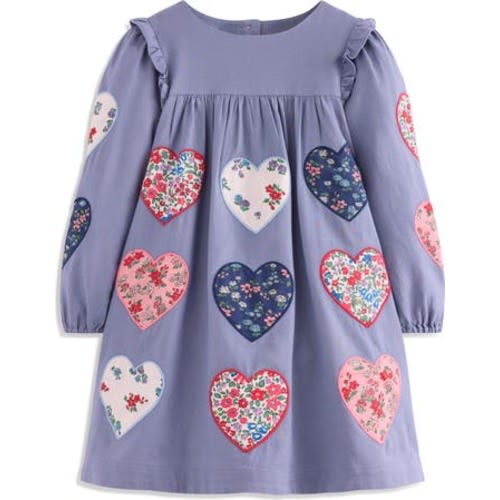 Kids' Heart Appliqué Long Sleeve Cotton Dress