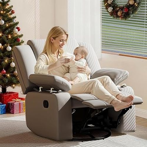 AILEEKISS Rocking Chair Nursery Swivel Recliner Glider Chair with Adjustable Armrests,Headrest Rocker Nursing Chair for Breastfeeding Comfy Upholstered Living Room Reclining Chairs for Bedroom(Grey)