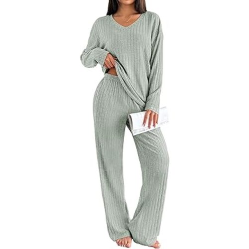 Ekouaer Lounge Sets for Women Long Sleeve Knit Ribbed Pajama Sets 2 Piece Casual Loungewear with Pockets