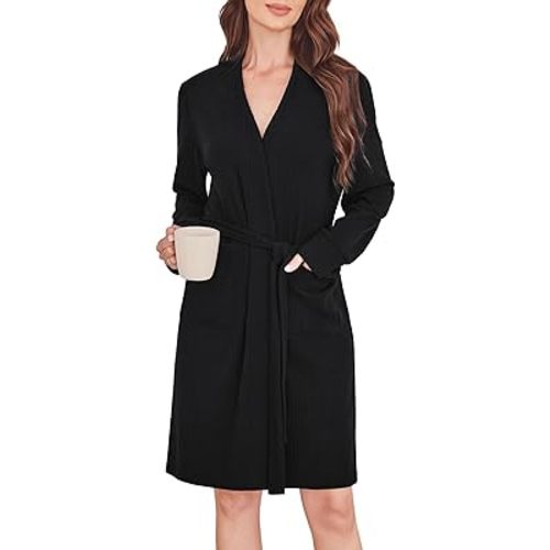 Women's Robes Spa Kimono Bathrobe Ribbed Knit Knee Length Loungewear With Pockets