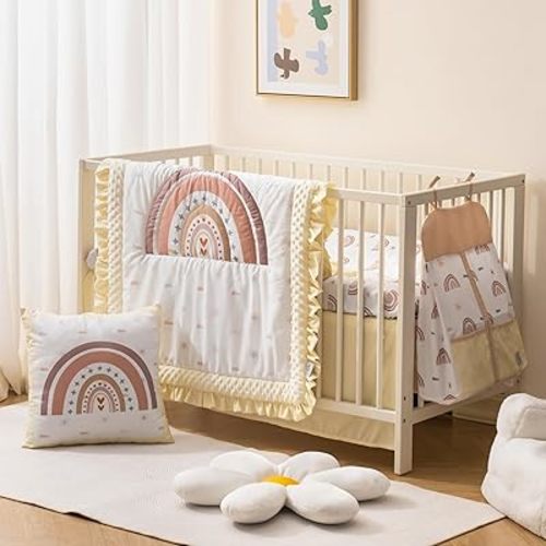 ROBUD 5-Piece Crib Bedding Set for Boy Girls, Nursery Bedding Standard Size with Boho Quilt, Crib Sheet, Crib Skirt, Pillowcase and Diaper Bag (Beige Rainbow)