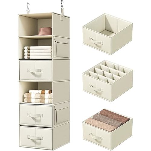 Vailando 6-Shelf Hanging Closet Organizer with 3 Fabric Drawers, Beige