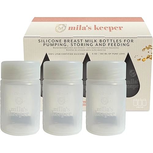 Mila's Keeper Premium Silicone Breast Milk Storage Bottles, for Pumping, Storing and Feeding, Fits Leading Pumps and Nipples, 6 oz Silicone Milk Storage Containers, Wide Neck Aspen White, Set of 3