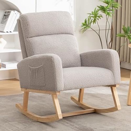 HCHAIRH Rocking Chair Nursery, Nursing Rocking Chairs, Upholstered Nursery Glider Rocker for Mom Nursery Morden Rocking Chair with Side Pocket for Living Room,Bedroom, Grey