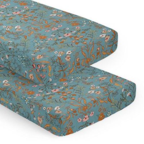 Sweet Jojo Designs Girl Fitted Crib Sheets Set Boho Floral Wildflower Blue Orange and Pink 2pc