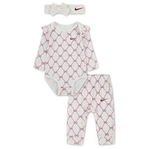 Baby Girls' Long-Sleeve Bow-Print Bodysuit, Pants and Headband, 3-Piece Set