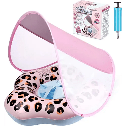 Baby Pool Float, Leopard Toddler Pool Float Baby Float with Canopy, Infant Pool Floats for Kids 6-36 Months(18-33 lbs)