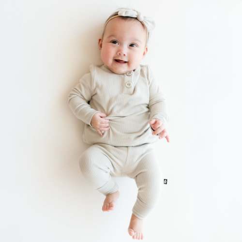 Ribbed Infant Henley Set in Oat - Newborn
