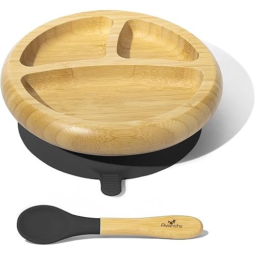 Avanchy Baby Plates Divided Bamboo with Suction for Babies Kids Toddler Food with Silicone Spoon for Feeding (Black)