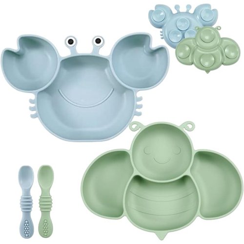 PandaEar 2 Pack Silicone Suction Plates for Baby, Divided Unbreakable Toddler Plate with 2 Pack Spoons for Self Feeding, Babies Utensils Feeding Set Baby Eating Supplies, Crab & Bee Shape -Blue&Green