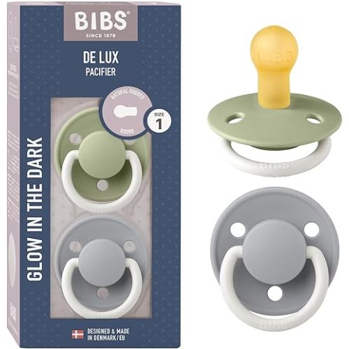 BIBS Pacifiers - De Lux Collection | BPA-Free Baby Pacifier | Made in Denmark | Set of 2 Sage Night/Cloud Night Color Premium Soothers | Size 0-6 Months