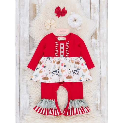 Red & White Christmas Farm Ruffle Romper