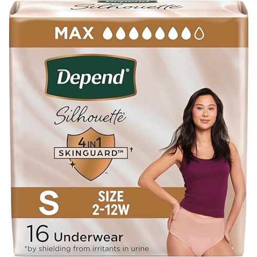 Depend Silhouette Adult Diapers, Incontinence & Postpartum Bladder Leak Underwear for Women, Maximum Absorbency, Small, Pink, 16 Count, Packaging May Vary