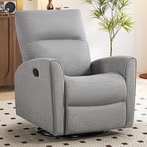 Recliner Rocker Swivel Chair, Manual Chenille Glider Rocking Chair, Swivel Glider Recliners with Soft Backrest, 360° Swivel Nursery Reclining Sofa for Living Room Bedroom, Light Grey