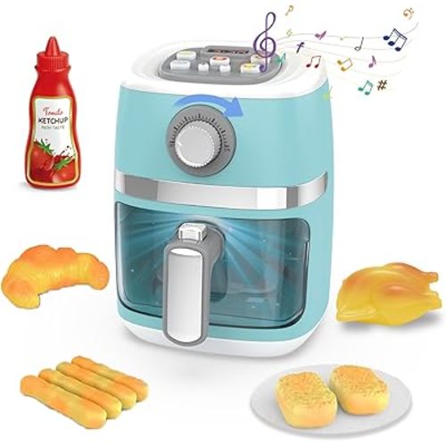 Toy Air Fryer for Kids Kitchen Playset, Chef Pretend Play kitchen Accessories with Color Changing Play Food, Cooking Game with Fries, Kids Toys with Sound & Light, Camp Kitchen Set for Toddler 3-5 5-7