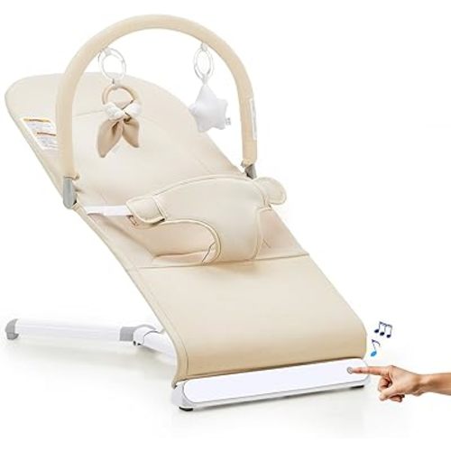 Lilian&Gema Baby Bouncer with Soothing Music, 3-in-1 Height-Adjustable Infant Bouncer Seat for Babies 0-6 Months, Infant Rocker Chair with Hanging Toys，Organic Oat