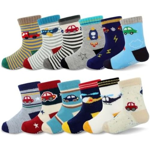 Baby Socks, 12 Pairs Toddler Ankle Socks Non Slip Cotton Grip for Newborn Boys Girls 0-48 months