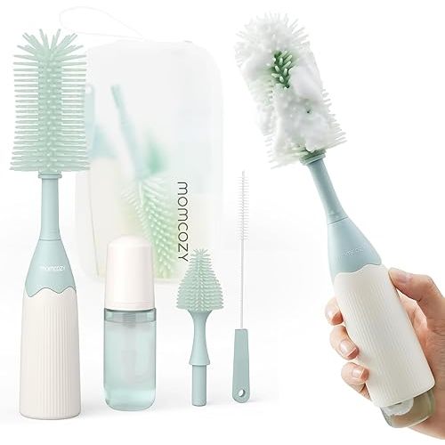Momcozy Bottle Brush Kit, Innovative Push-Press Design for Better Cleaning - Baby Bottle Cleaner Brush for Baby Bottle,Nipples, and More - Can Generate Foam for Better Cleaning, Green