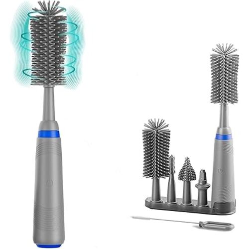 Electric Baby Bottle Cleaner with Drying Rack, Silicone Bottle Brush Set, Easy-Grip Handle, Rechargeable/Waterproof Spinning Brush, Grey