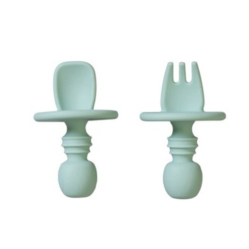 SARO “Nordic” Hunter Mint Training Utensil Set: Silicone Ergonomic Spoon & Fork for Toddler Self-Feeding | Anti-Choke Safety Design