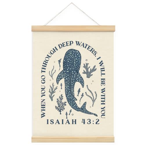 MOFUYU Whale Shark Wall Decor,Christian Bible Verse Wall Art,When You Go Through Deep Waters Isaiah 43:2 Poster Hanger Frame for Bedroom Living Room Home 12x16 Inch