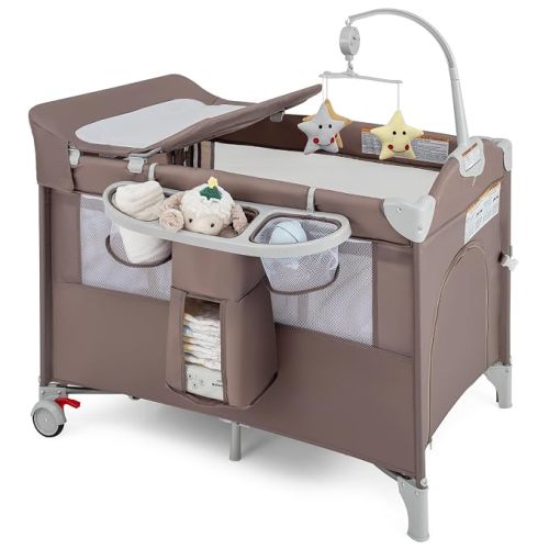 BABY JOY 5-in-1 Pack and Play, Portable Baby Bedside Sleeper with Bassinet, U-Shaped Diaper Changer, Safety Strap, Side Zipper Entrance, Foldable Bedside Crib Playard for Newborn to Toddlers (Coffee)