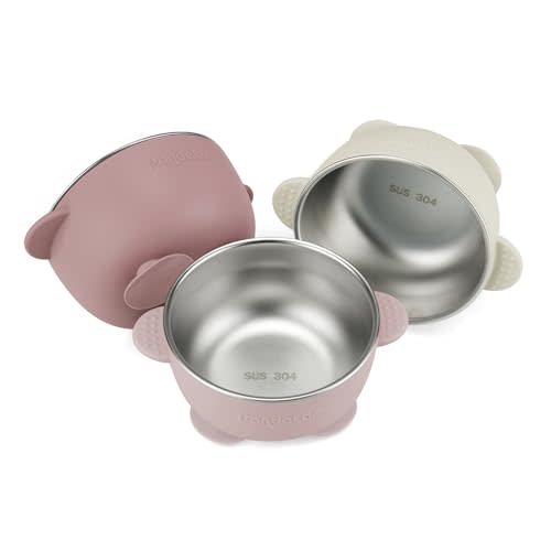PandaEar 3 Pack Stainless Steel Baby Suction Bowls, Non-Slip Child Food Bowl with Silicone Sleeve for Kids Toddlers Infants, Unbreakable & Mess Free (Pink)