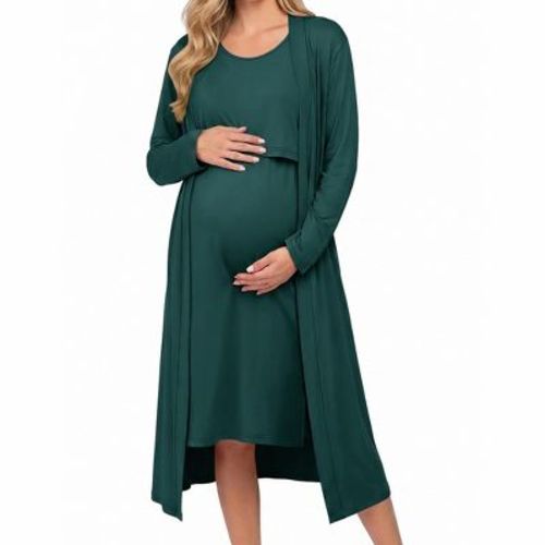 Ekouaer Nursing Gown and Robe Set Labor Delivery Nightgown Hospital Dress Dark Green L